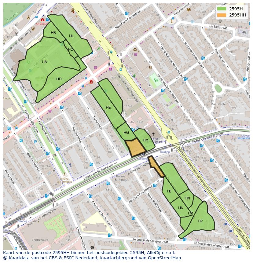 Afbeelding van het postcodegebied 2595 HH op de kaart.