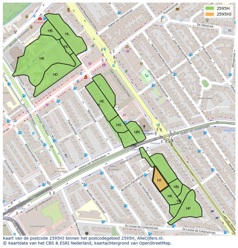 Afbeelding van het postcodegebied 2595 HJ op de kaart.