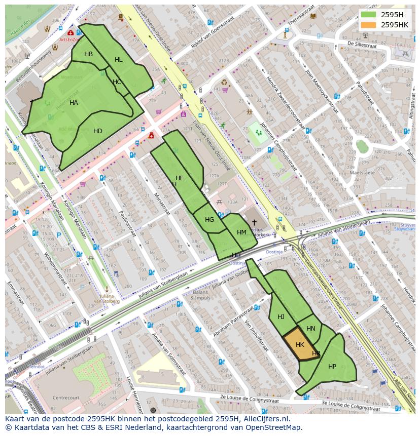 Afbeelding van het postcodegebied 2595 HK op de kaart.