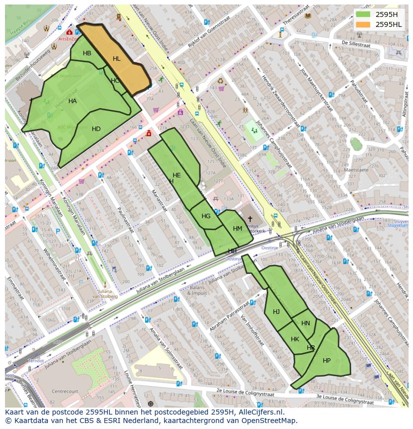 Afbeelding van het postcodegebied 2595 HL op de kaart.
