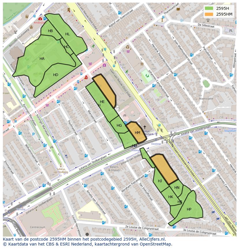 Afbeelding van het postcodegebied 2595 HM op de kaart.
