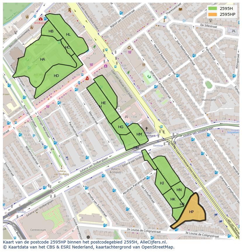 Afbeelding van het postcodegebied 2595 HP op de kaart.