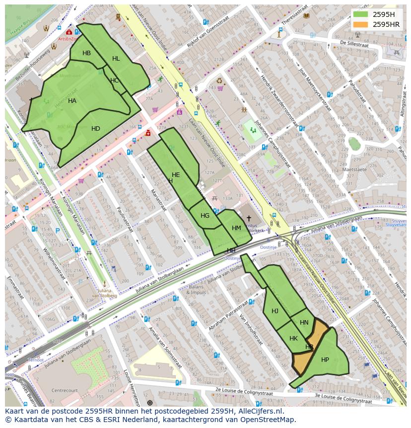 Afbeelding van het postcodegebied 2595 HR op de kaart.