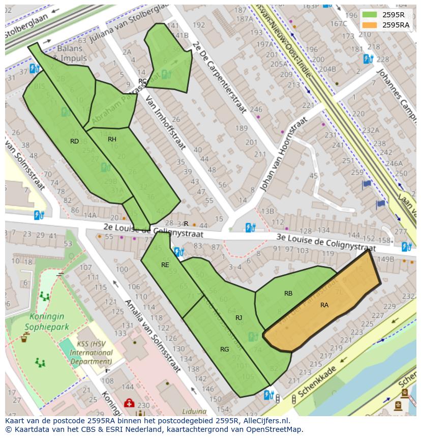 Afbeelding van het postcodegebied 2595 RA op de kaart.