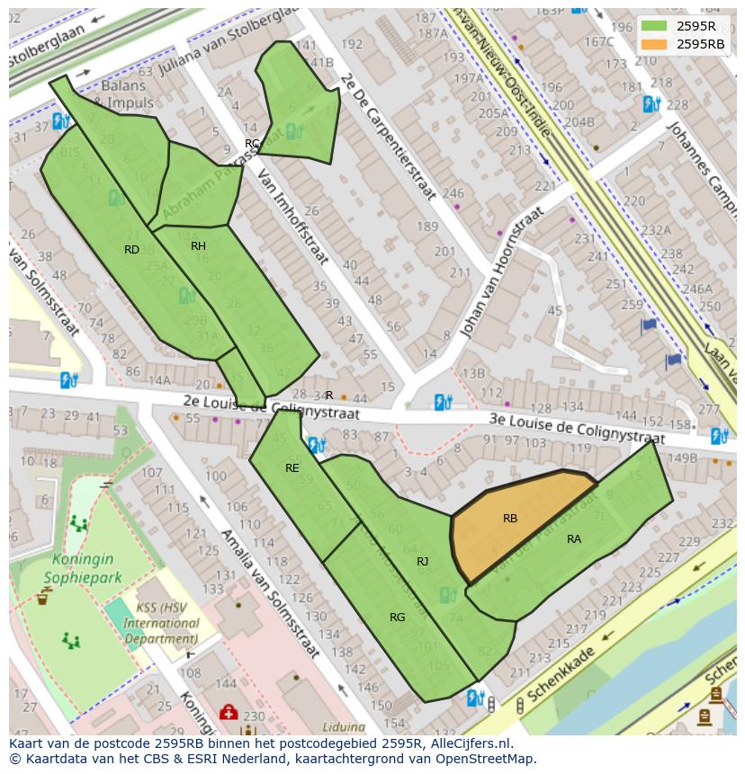 Afbeelding van het postcodegebied 2595 RB op de kaart.