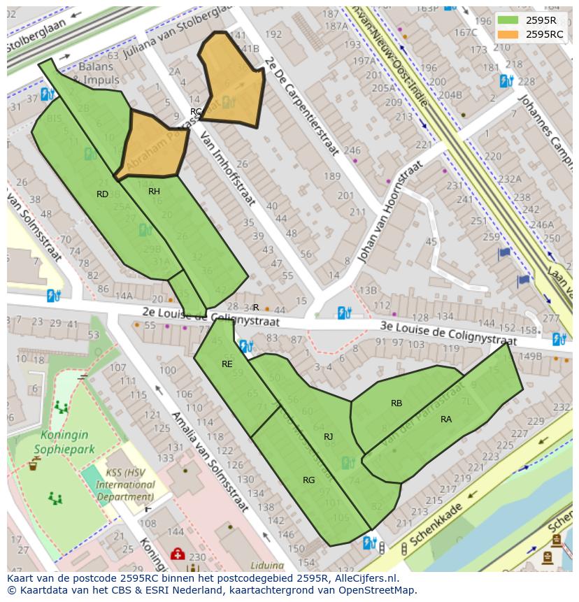 Afbeelding van het postcodegebied 2595 RC op de kaart.