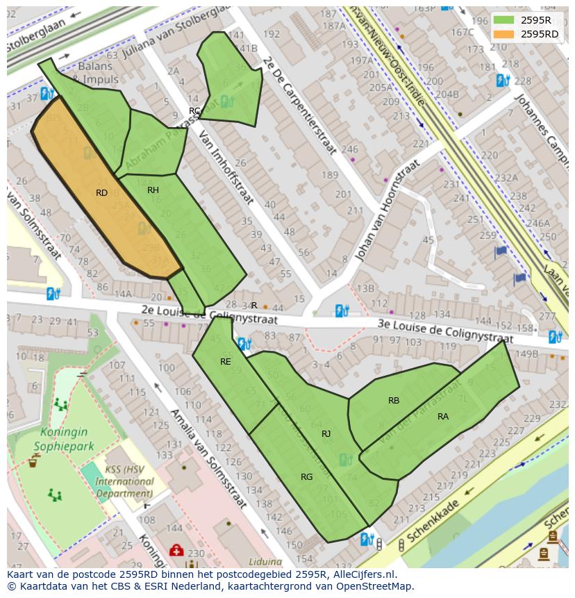 Afbeelding van het postcodegebied 2595 RD op de kaart.
