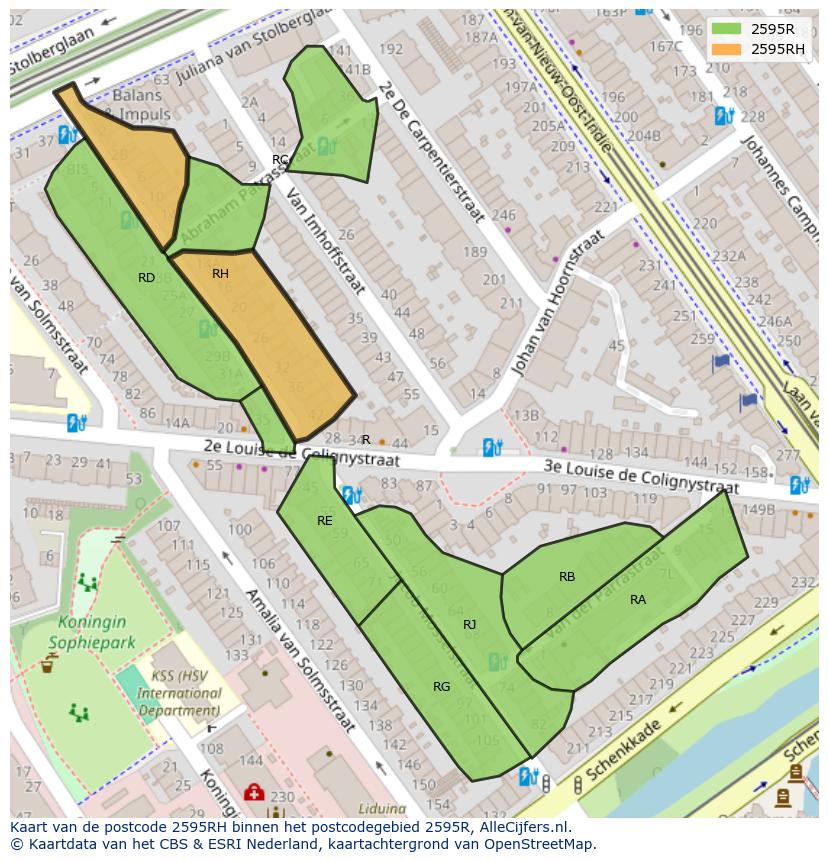 Afbeelding van het postcodegebied 2595 RH op de kaart.