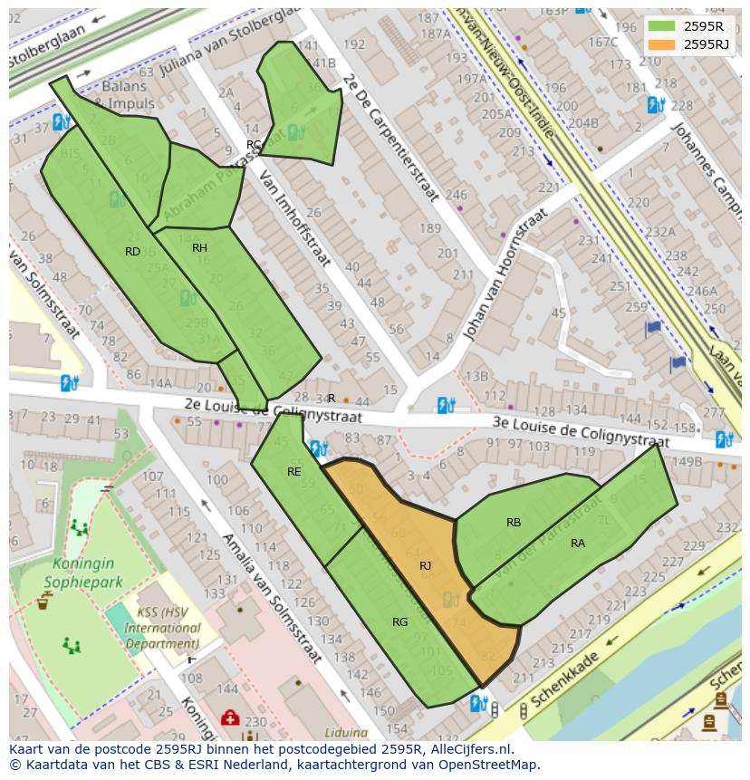Afbeelding van het postcodegebied 2595 RJ op de kaart.