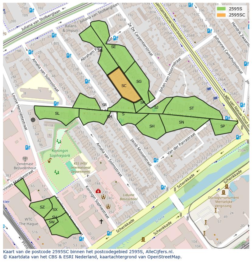 Afbeelding van het postcodegebied 2595 SC op de kaart.