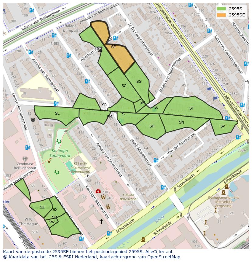 Afbeelding van het postcodegebied 2595 SE op de kaart.