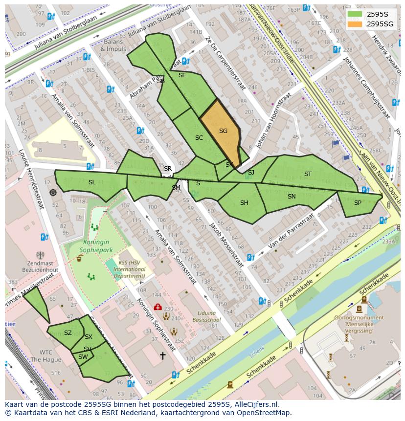 Afbeelding van het postcodegebied 2595 SG op de kaart.