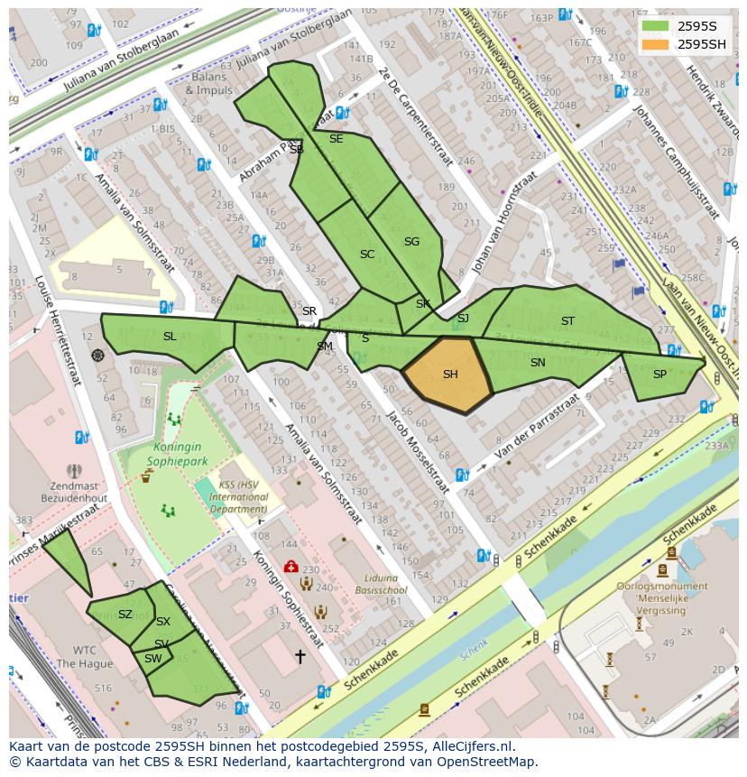 Afbeelding van het postcodegebied 2595 SH op de kaart.