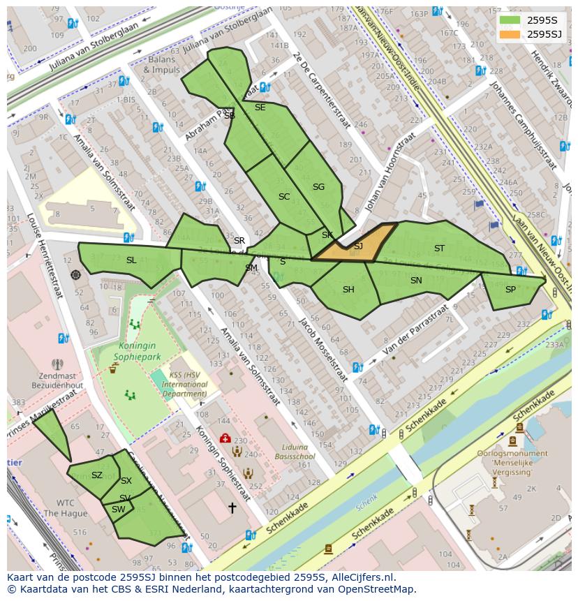 Afbeelding van het postcodegebied 2595 SJ op de kaart.