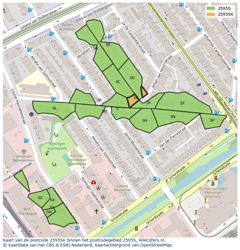 Afbeelding van het postcodegebied 2595 SK op de kaart.