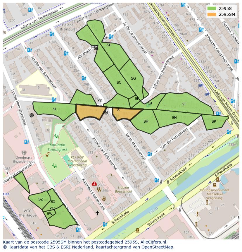 Afbeelding van het postcodegebied 2595 SM op de kaart.