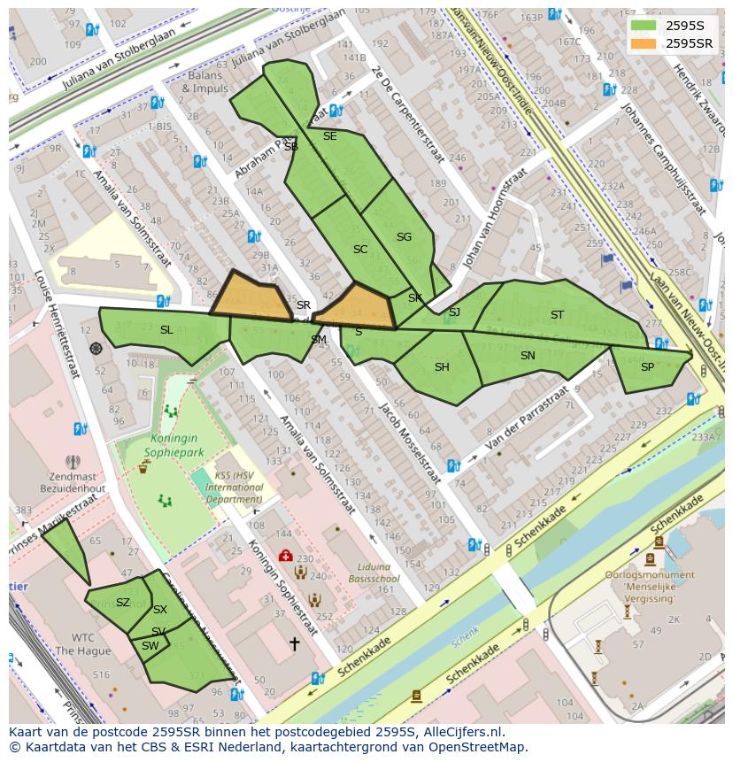 Afbeelding van het postcodegebied 2595 SR op de kaart.