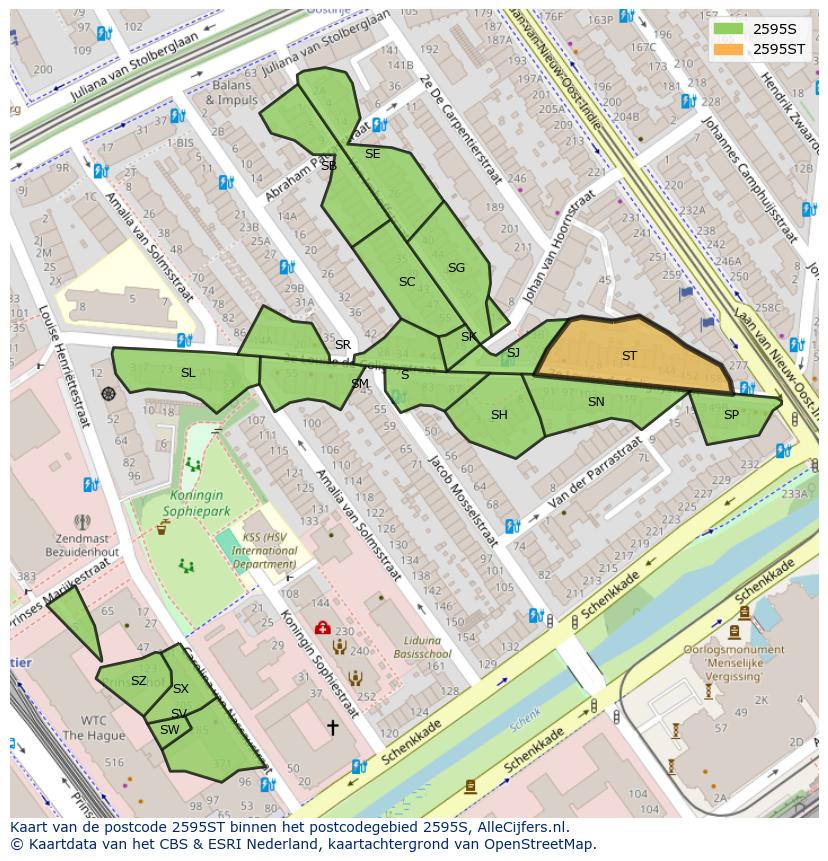 Afbeelding van het postcodegebied 2595 ST op de kaart.