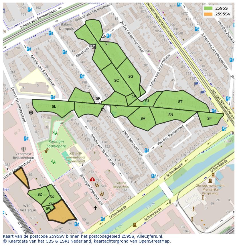 Afbeelding van het postcodegebied 2595 SV op de kaart.