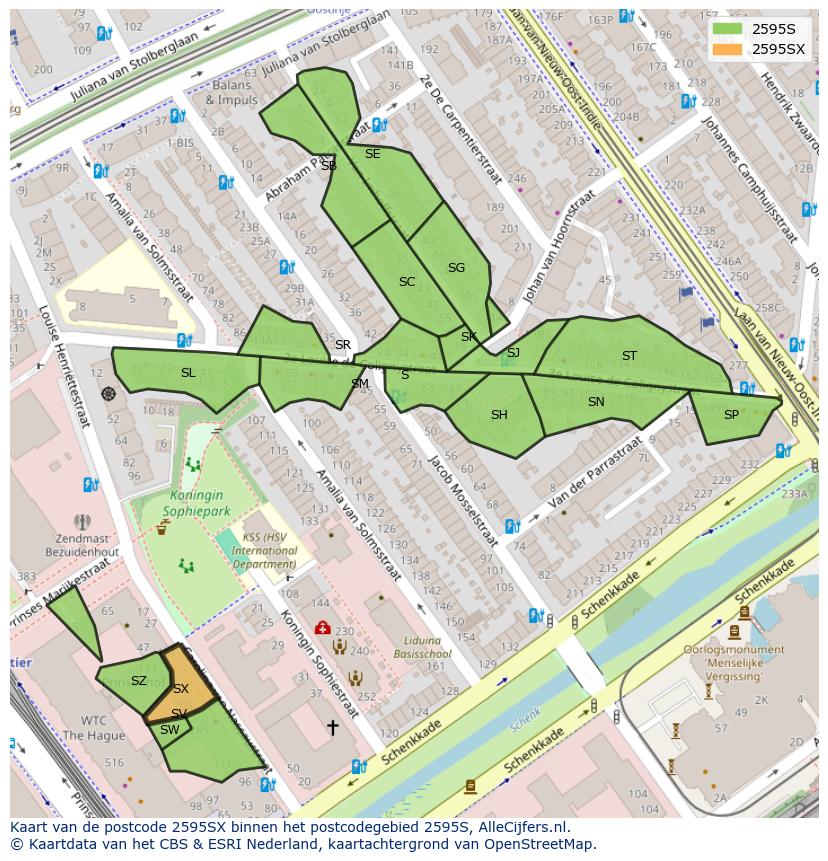 Afbeelding van het postcodegebied 2595 SX op de kaart.