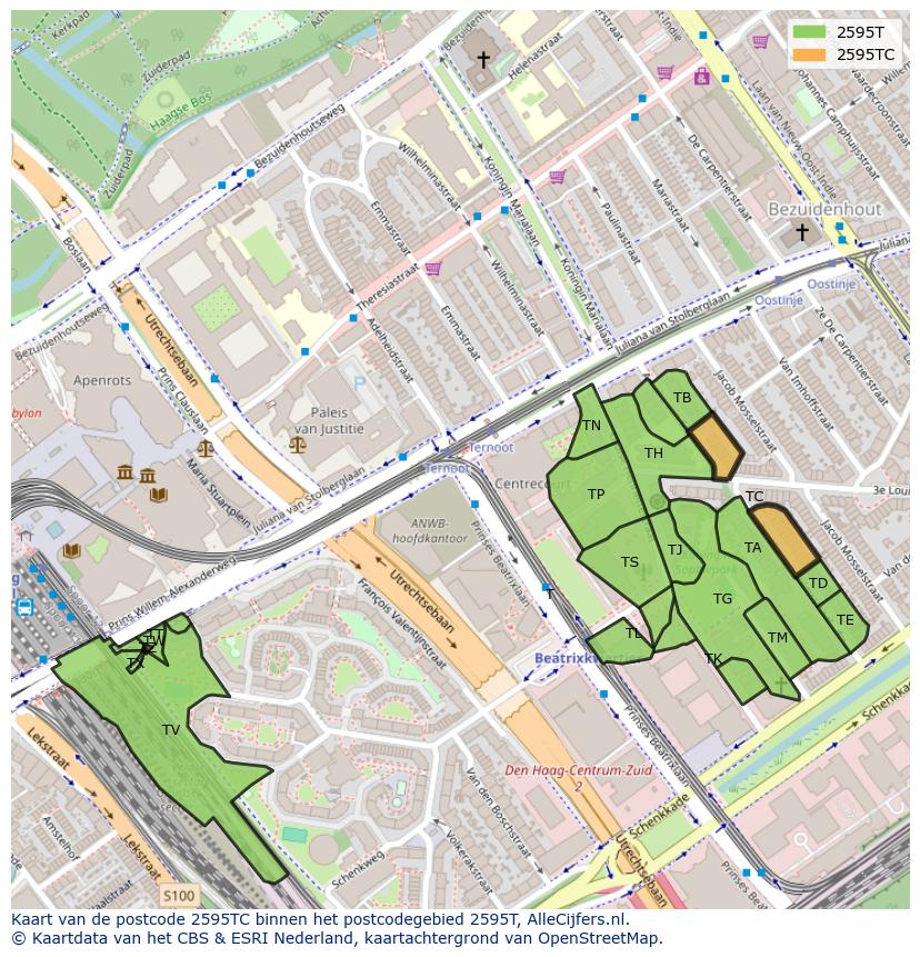 Afbeelding van het postcodegebied 2595 TC op de kaart.