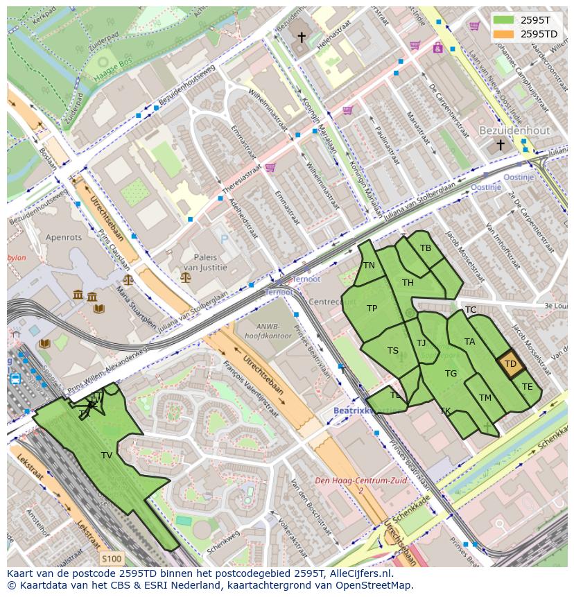 Afbeelding van het postcodegebied 2595 TD op de kaart.