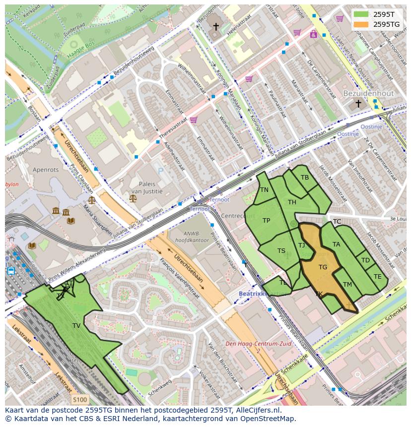 Afbeelding van het postcodegebied 2595 TG op de kaart.