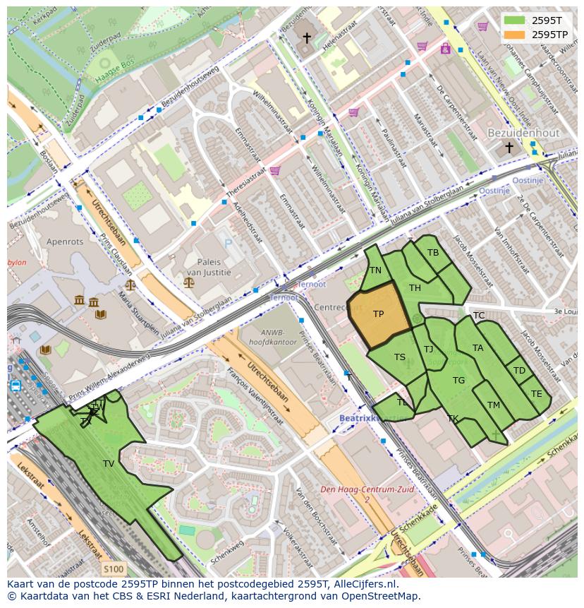 Afbeelding van het postcodegebied 2595 TP op de kaart.
