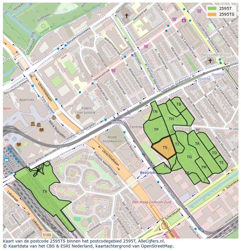 Afbeelding van het postcodegebied 2595 TS op de kaart.