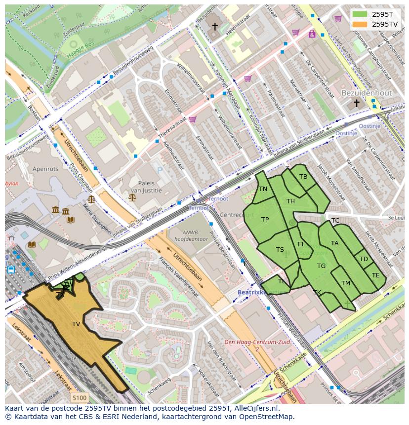 Afbeelding van het postcodegebied 2595 TV op de kaart.