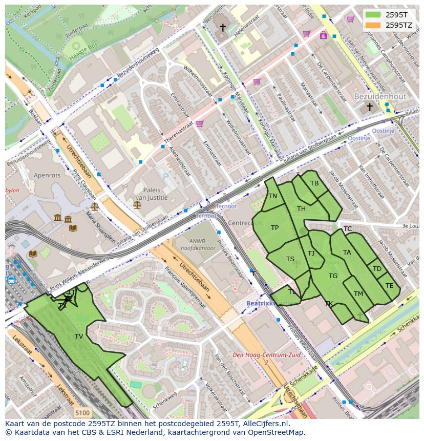 Afbeelding van het postcodegebied 2595 TZ op de kaart.