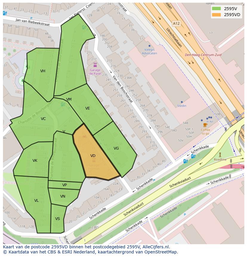 Afbeelding van het postcodegebied 2595 VD op de kaart.