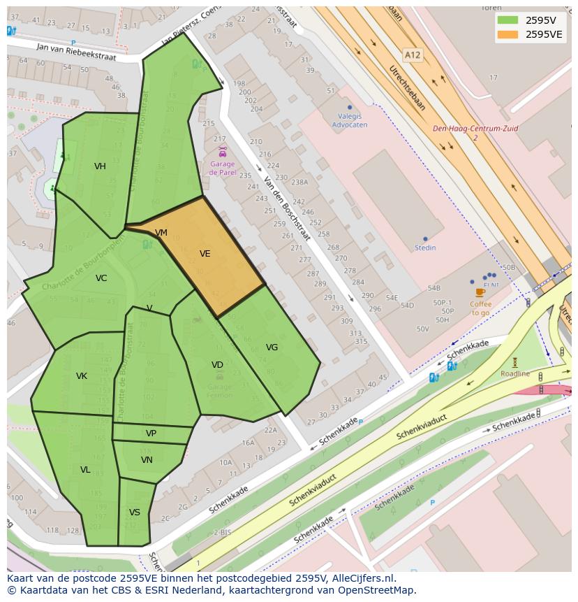 Afbeelding van het postcodegebied 2595 VE op de kaart.