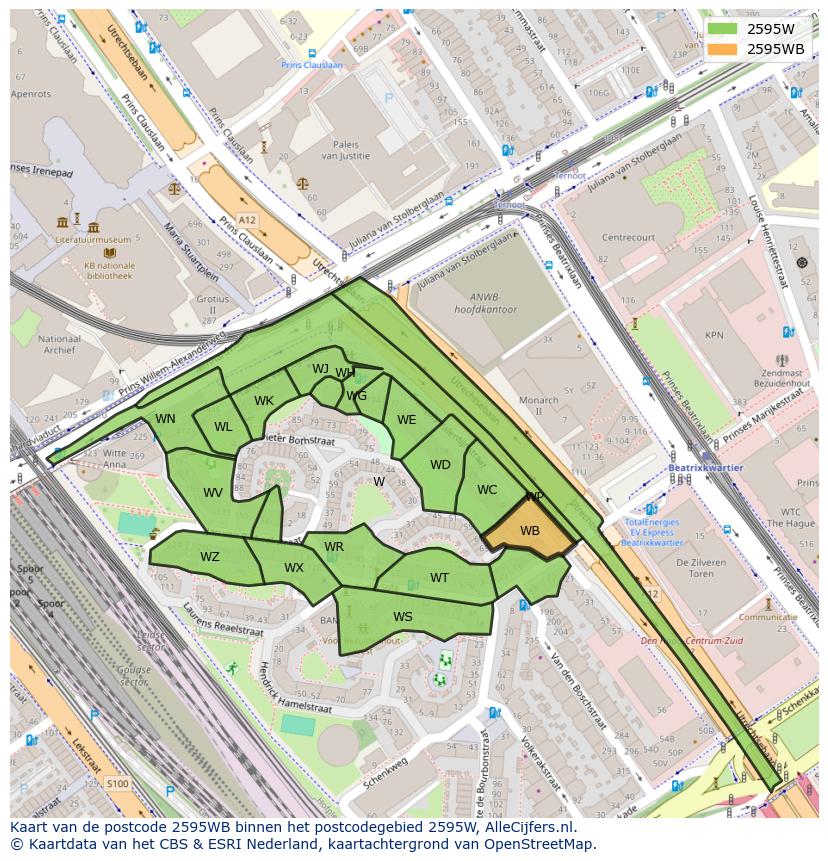 Afbeelding van het postcodegebied 2595 WB op de kaart.
