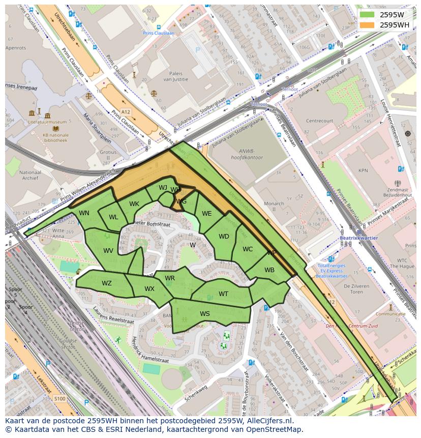 Afbeelding van het postcodegebied 2595 WH op de kaart.