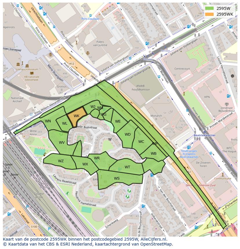 Afbeelding van het postcodegebied 2595 WK op de kaart.