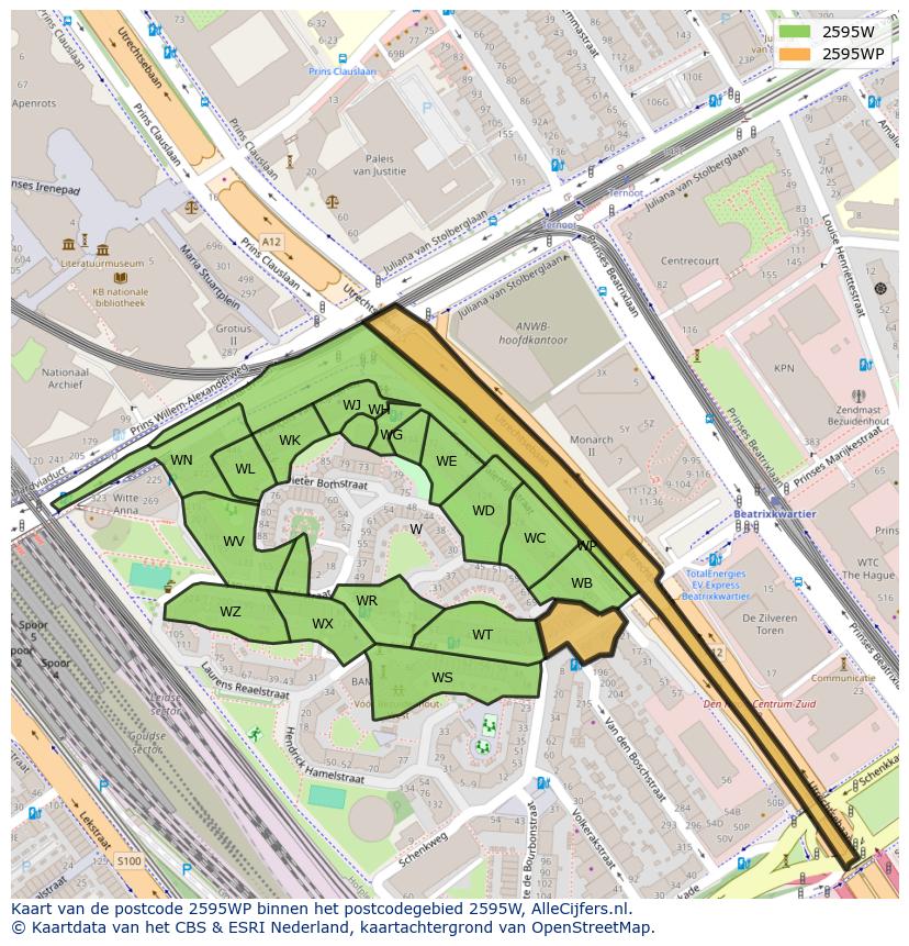 Afbeelding van het postcodegebied 2595 WP op de kaart.