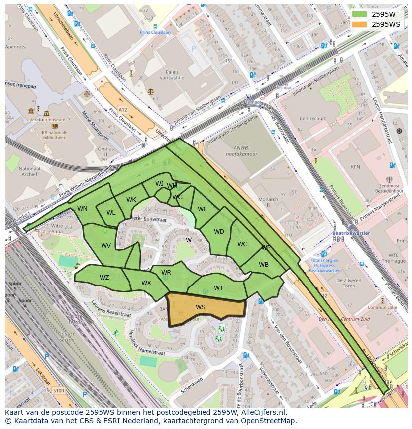 Afbeelding van het postcodegebied 2595 WS op de kaart.