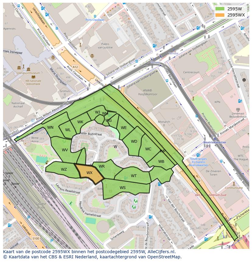 Afbeelding van het postcodegebied 2595 WX op de kaart.