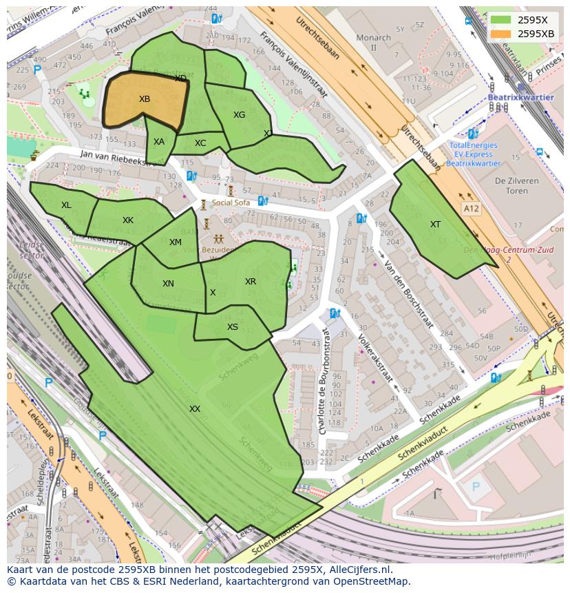 Afbeelding van het postcodegebied 2595 XB op de kaart.