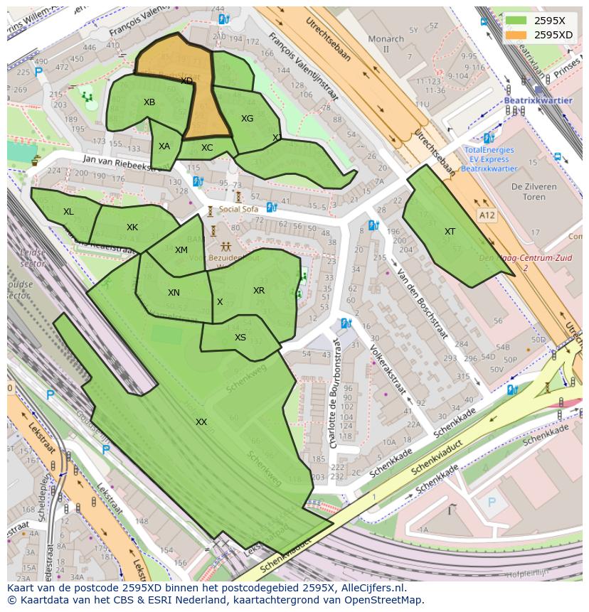 Afbeelding van het postcodegebied 2595 XD op de kaart.