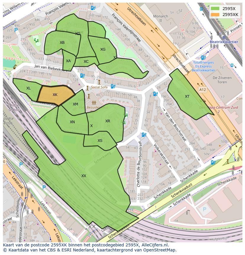 Afbeelding van het postcodegebied 2595 XK op de kaart.