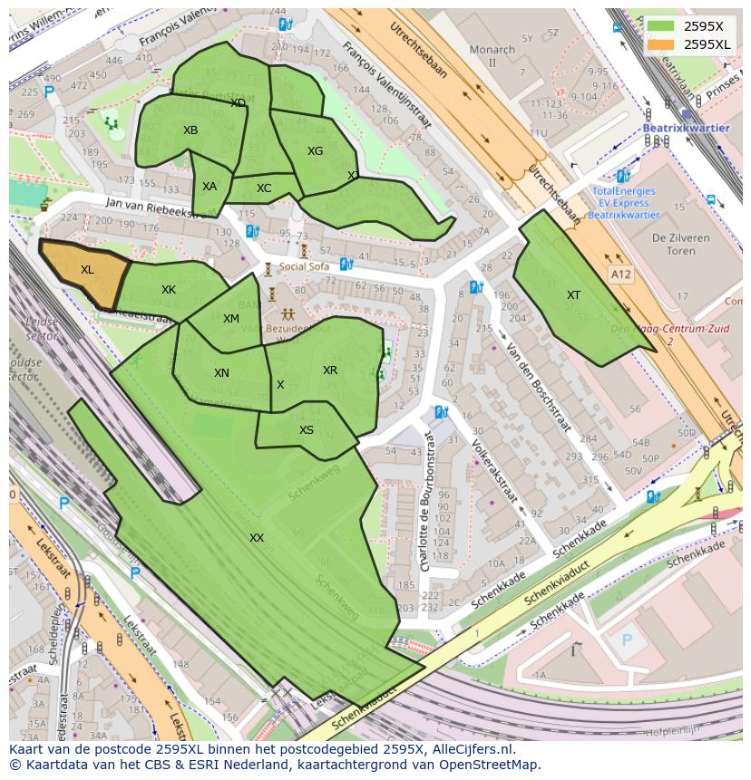 Afbeelding van het postcodegebied 2595 XL op de kaart.