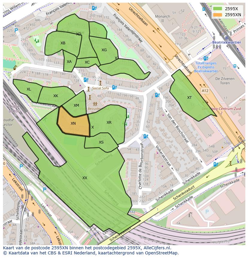 Afbeelding van het postcodegebied 2595 XN op de kaart.