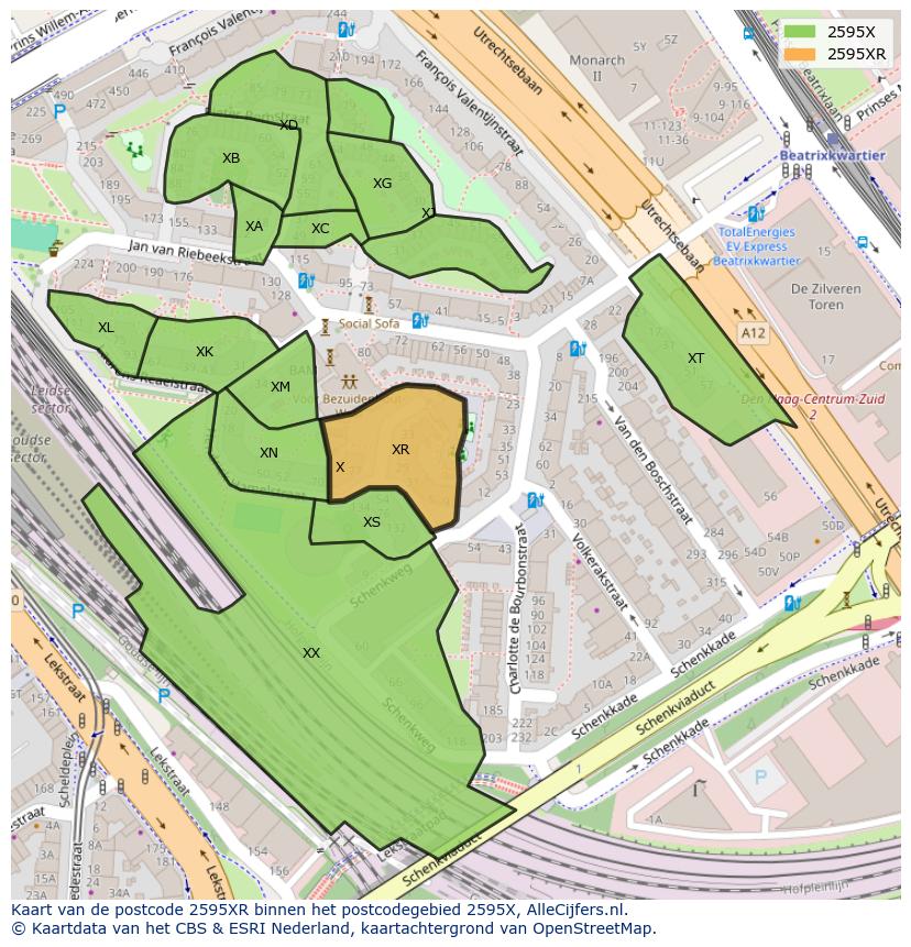 Afbeelding van het postcodegebied 2595 XR op de kaart.