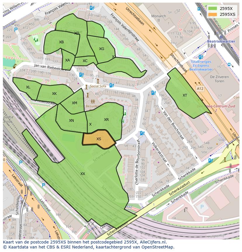 Afbeelding van het postcodegebied 2595 XS op de kaart.