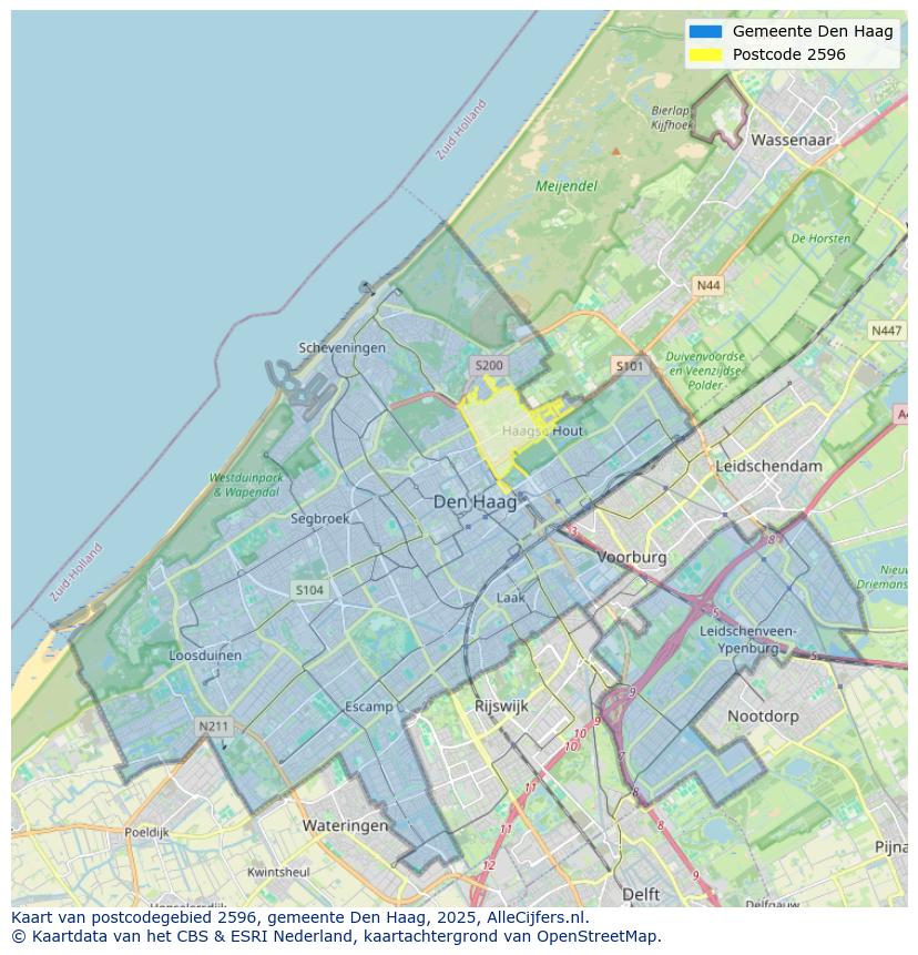 Afbeelding van het postcodegebied 2596 op de kaart.