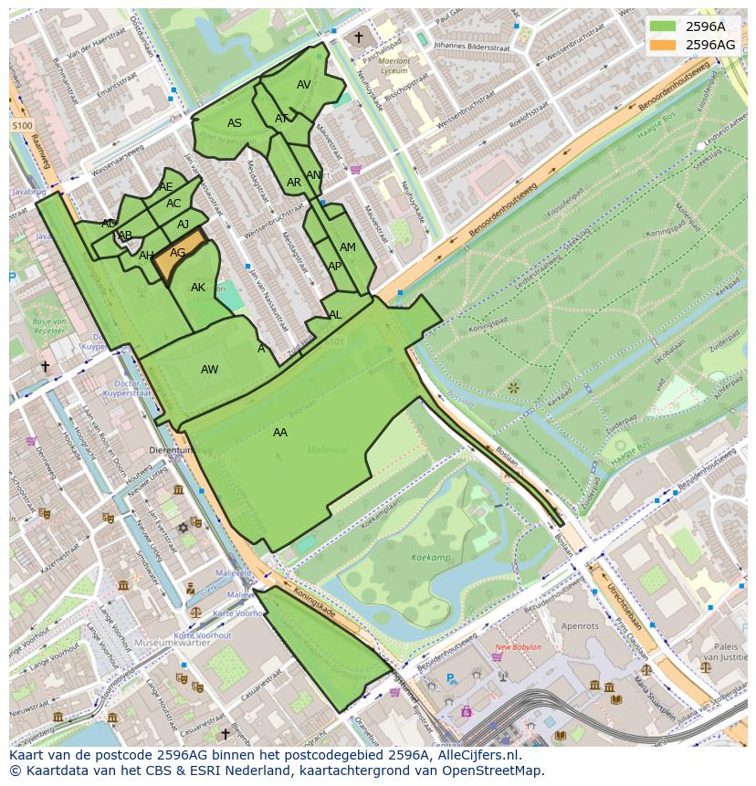 Afbeelding van het postcodegebied 2596 AG op de kaart.