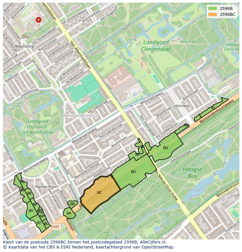 Afbeelding van het postcodegebied 2596 BC op de kaart.
