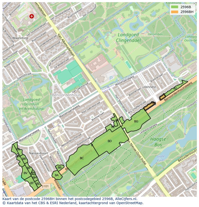 Afbeelding van het postcodegebied 2596 BH op de kaart.